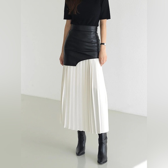 Commense Dresses & Skirts - 074. Commense Asymmetric Patchwork Faux Leather Chiffon Pleated Maxi Skirt M